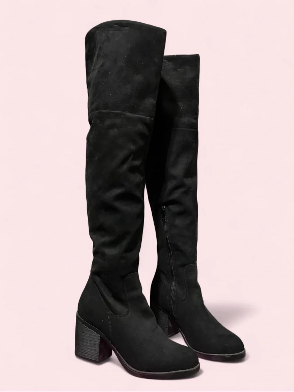 Size 7 Black Over-the-Knee Block Heel Boots